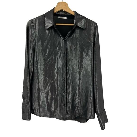 Reformation Silver Metallic Relaxed Button Down Shirt Sz XS - Picture 2 of 5